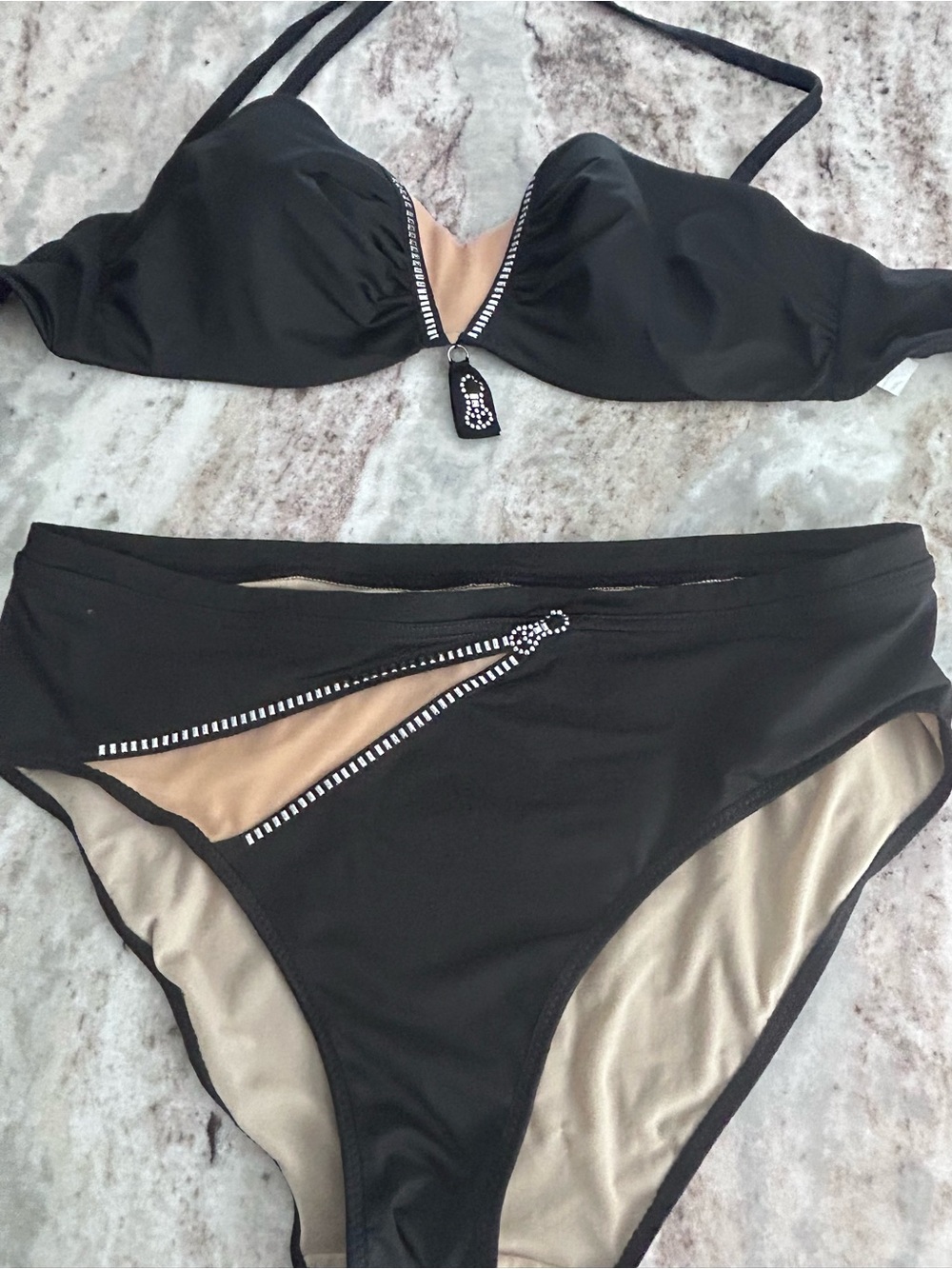 Nicole Oliver Black Women's Two-Piece Bikini Set with Faux Zipper Accent